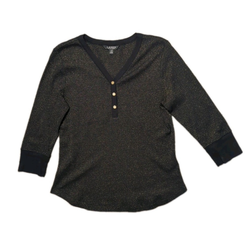 LRL Black Label Women's L Henley‎ W/ Gold Metallic Thread Buttons Western Rodeo